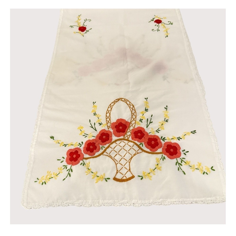 Embroidered‎ Linen Floral Basket Tea Towel Vintage Charm Kitchen Hand Towel